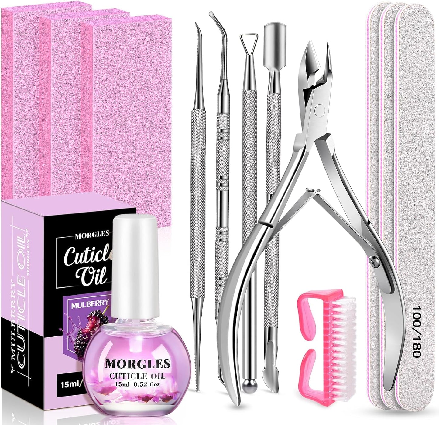 MORGLES Nail File and Buffer Blocks with Nail Care Kit, 13 Pcs Manicure Kit for Women with Milk and Honey Cuticle Oil and Cuticle Trimmer Set
