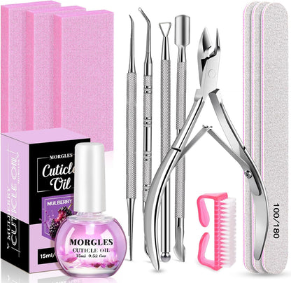 MORGLES Nail File and Buffer Blocks with Nail Care Kit, 13 Pcs Manicure Kit for Women with Milk and Honey Cuticle Oil and Cuticle Trimmer Set