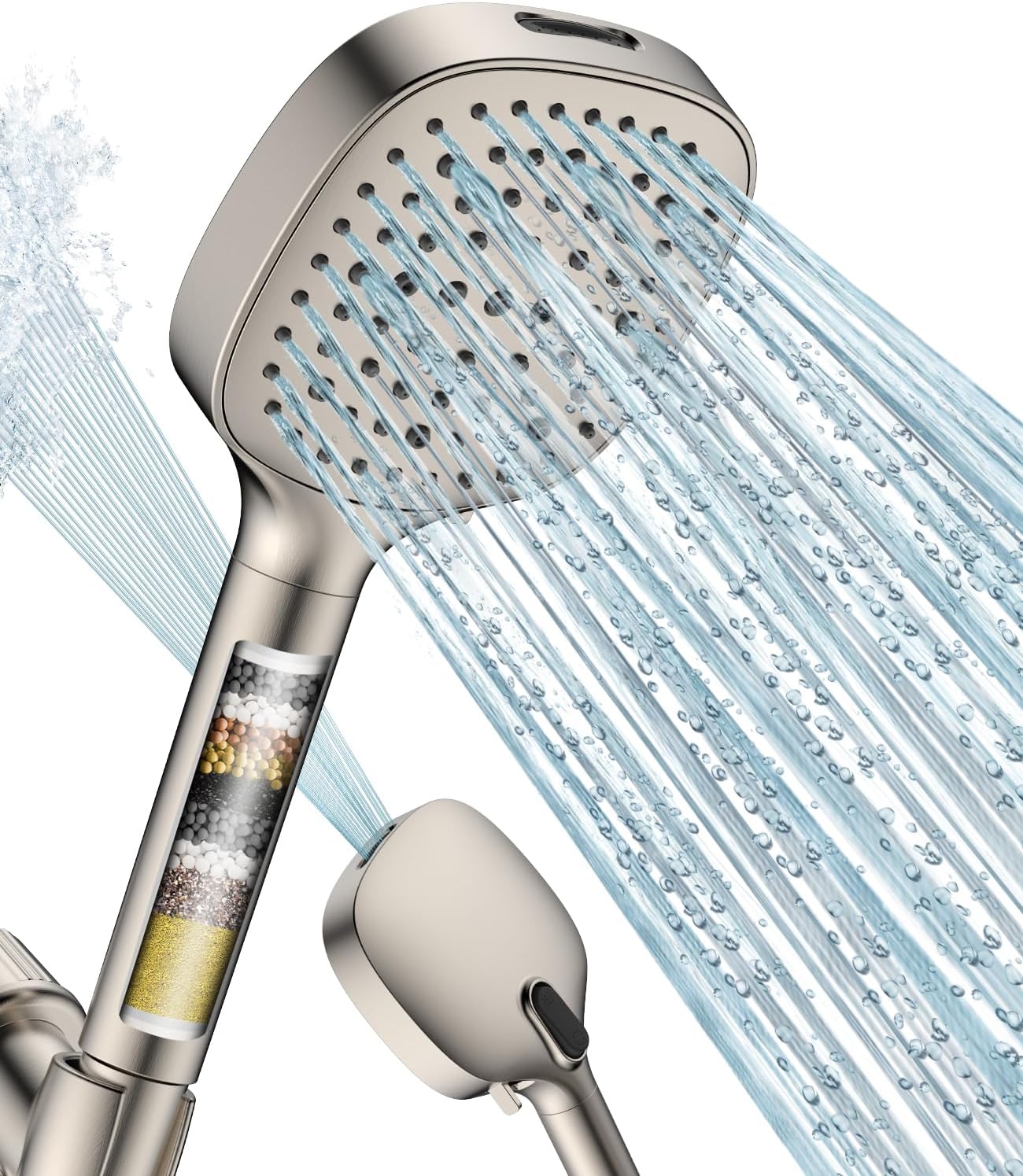 MakeFit Filtered Shower Head Black - 6 Modes High Pressure Handheld Shower Head with Filter Mineral Beads, Detachable Handheld Showerhead Set with Stainless Steel Hose and Shower Arm Bracket
