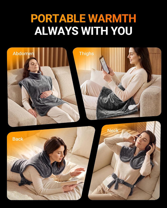 Electric Heating Pad for Shoulder Back: Heated Wrap for Neck 100°F-150°F, 6 Heat Levels, Weighted Heat pad 33x24in - LCD Display, Auto Shut-Off, Flannel Gifts for Women Men