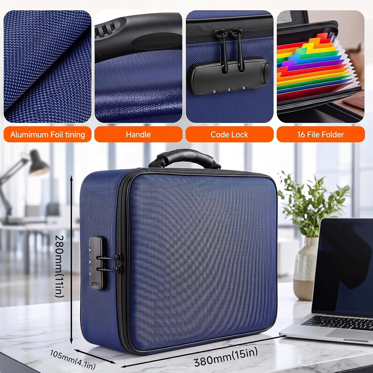Fireproof Document Box With Lock, 16 Pocket Document Organizer