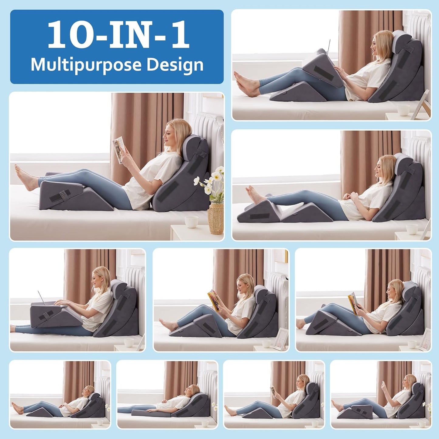 Ahpmeoa 5Pcs Wedge Pillow Set for After Surgery, Orthopedic Bed Wedge Pillow Set for Post Surgery, Acid Reflux Relief, Sleeping, Back Pain Relief, Adjustable Back Pillow for Bed Sitting up, White/Grey