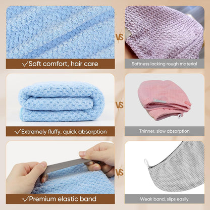 HOMEXCEL 5 Pack Microfiber Hair Towels - 40 x 20 inches Super Soft, Fast Drying Turbans for Long, Thick, Curly Hair - Anti Frizz Wrap with Elastic Strap