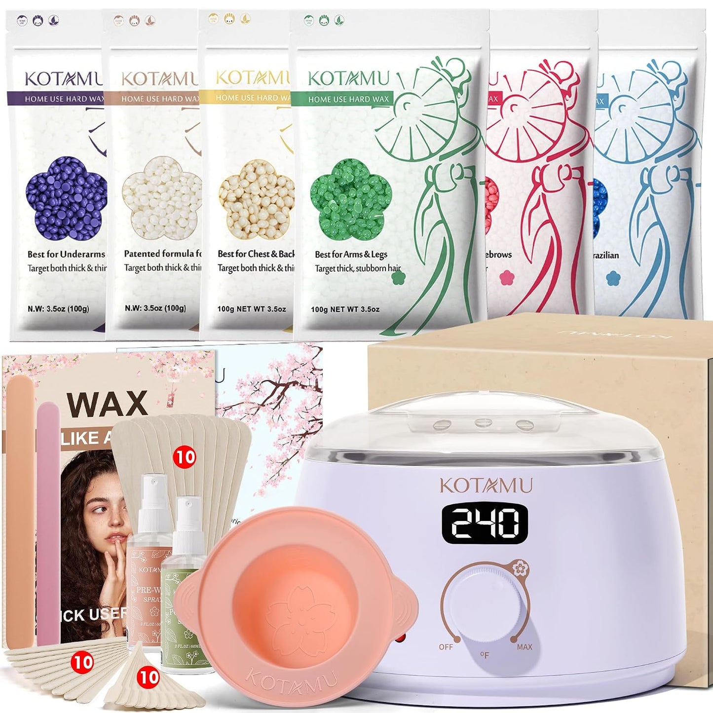 KOTAMU Waxing Kit for Women & Men, Pink Digital Wax Pot Warmer Hair Removal | Home Hard Wax Kit, Wax Machine, Face, Eyebrow, Bikini, Brazilian, Body, Sensitive Skin, 25 Accessories, Beginner-Friendly