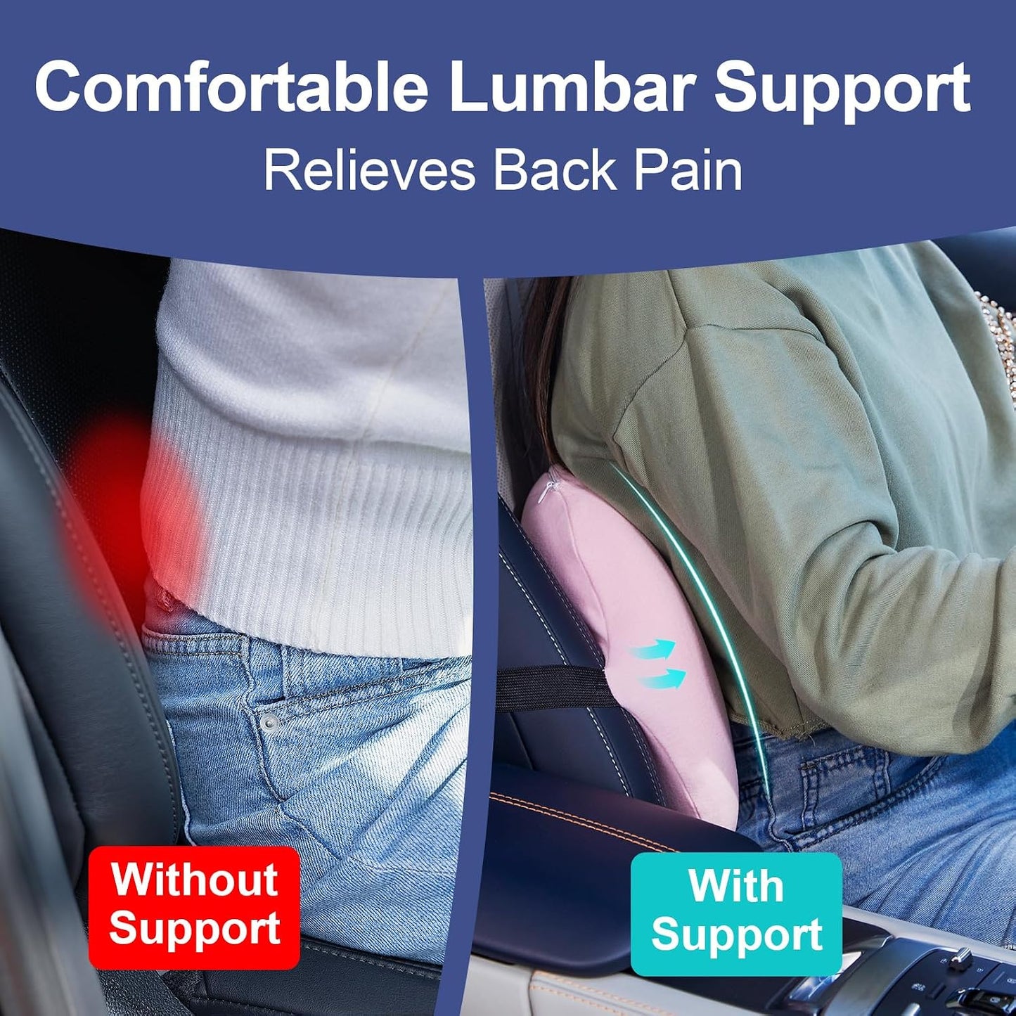 BYMECOST Lumbar Support Pillow for Car, Memory Foam Car Seat Back Support Pillow for Driving, Back Cushion with Strap for Pain Relief, Ergonomic Back Cushion for Office Chair, Wheelchair (Black)