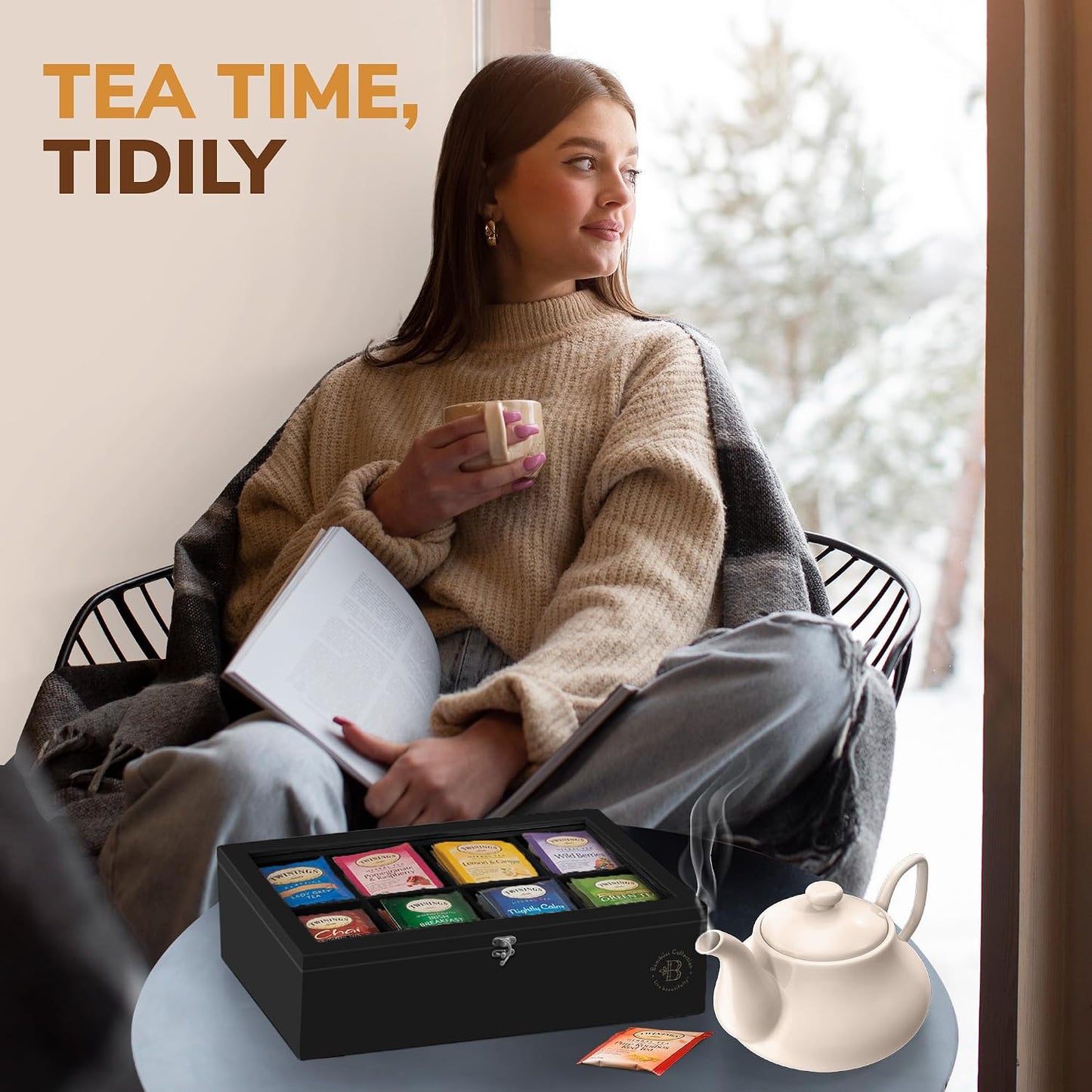 Tea Bag Organizer with Drawer - Bamboo Tea Box Organizer, 8-Compartment Tea Storage Box with Acrylic Lid and Magnetic Closure, Tea Box for Kitchen Counter, Gifts for Mom, Wife, Tea Lovers (White)
