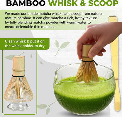 Matcha Whisk Set with Matcha Bowl - Matcha Set Included Electric Frother, Bamboo Whisk, Matcha Spoon, Bamboo Holder, Sifter, Spoon Stand (Mottled Green)