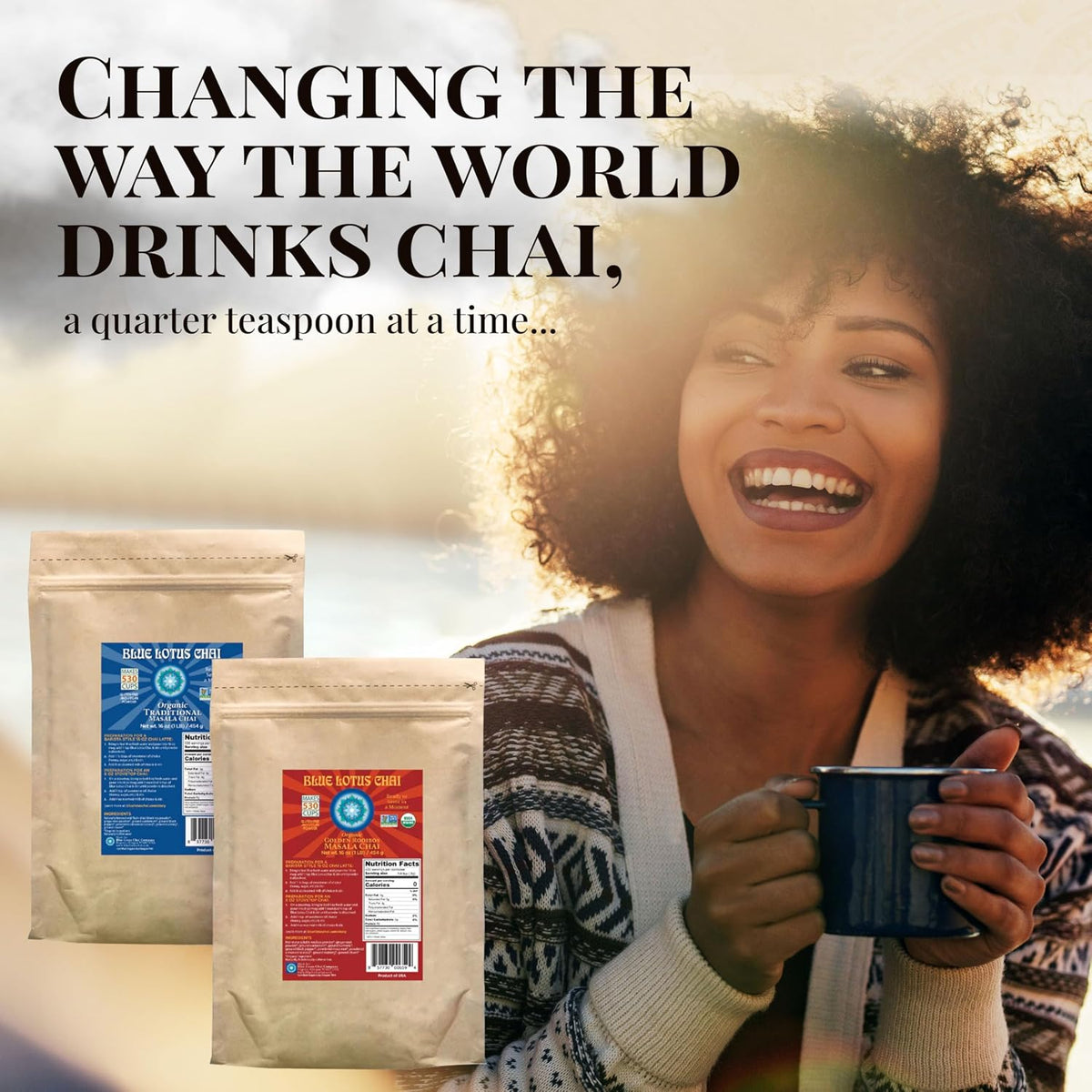 Blue Lotus Chai - Golden Masala Flavor Chai - Makes 100 Cups - 3 Ounce Masala Spiced Chai Powder with Organic Spices - Instant Indian Tea No Steeping - No Gluten