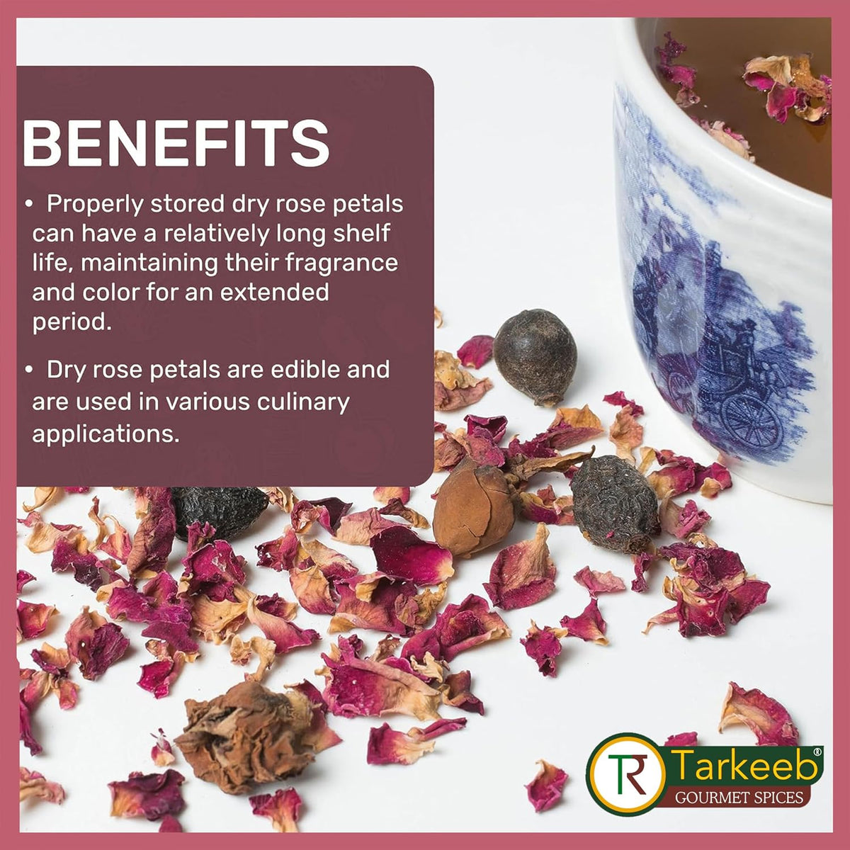 Tarkeeb Dried Rose Petals ~ All Natural | Edible Rose Petals | Dried Flower Petals for Herbal Tea, Decoration, Rose Sprinkles, Topping on Cupcakes, Desserts - Net Weight: 1.05oz/30g | Indian Origin |