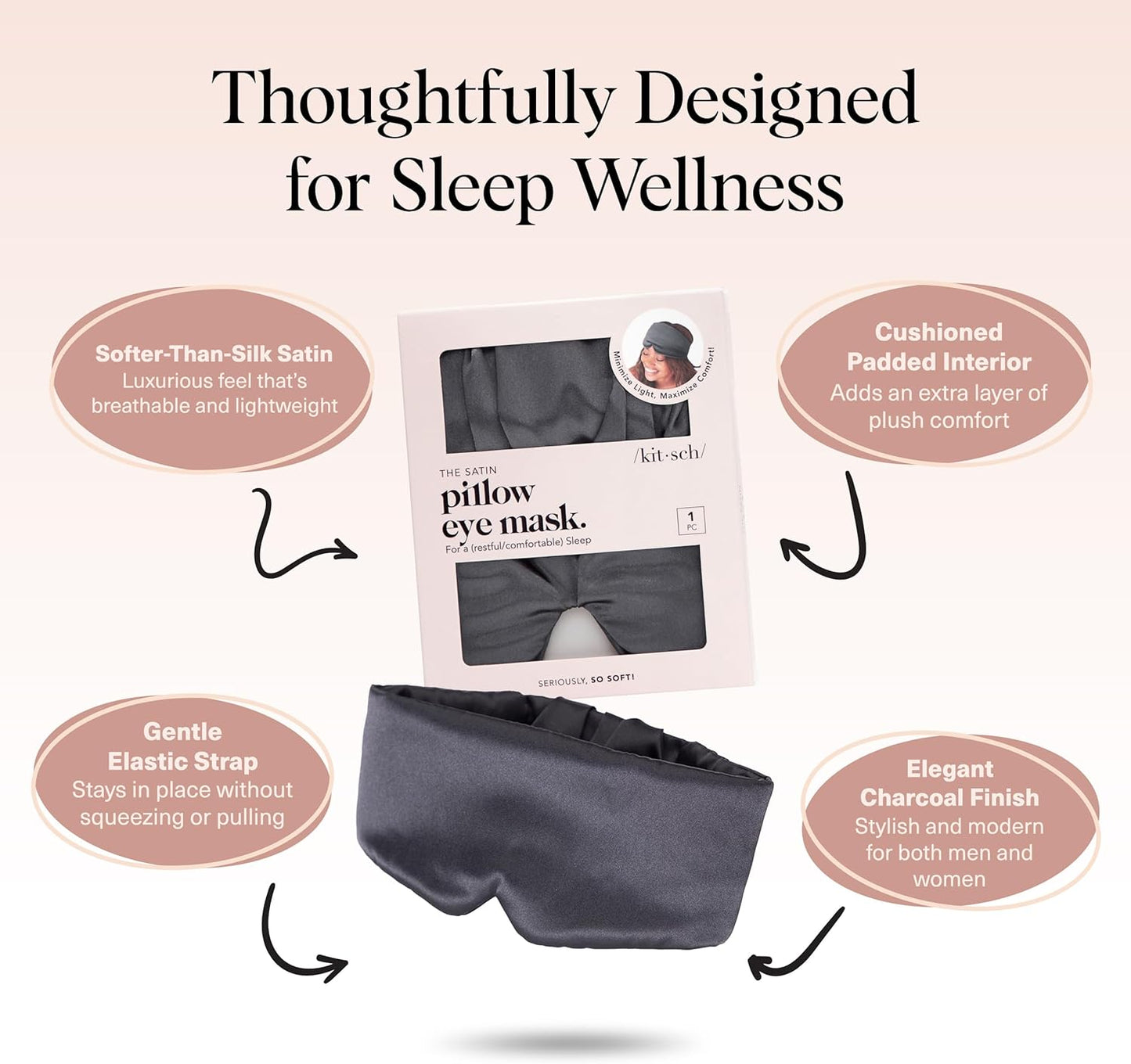 Kitsch Contour Pillow Eye Mask – Softer Than Silk Eye Masks for Sleep, Blindfold Sleep Masks for Women & Men, No Eye Pressure, Lightweight, Eye Care, Travel Essentials - Charcoal