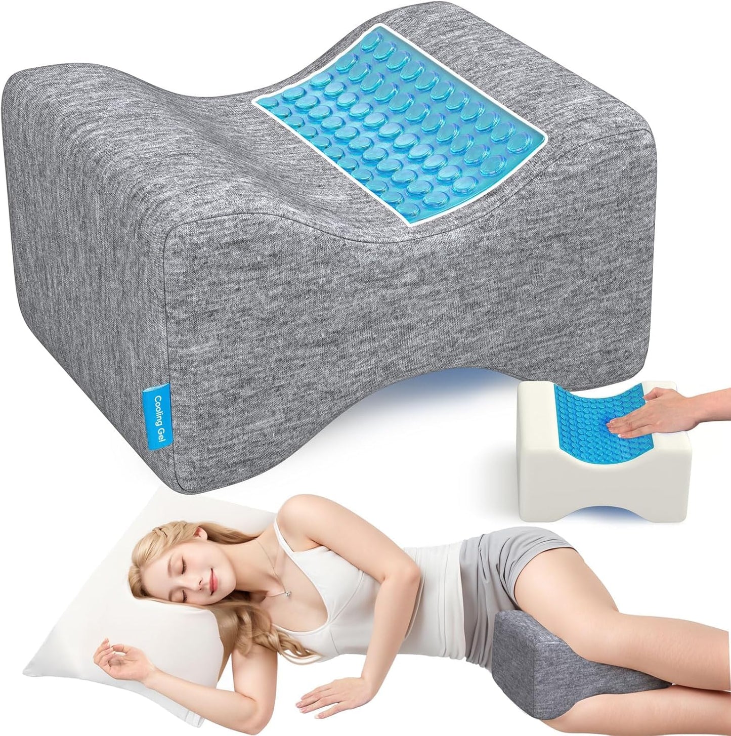Knee Pillow for Side Sleepers with Cooling Gel, Memory Foam Elevation Pillow for Spine Aligning, Sciatica, Back, Hip, Knee, Ankle Pain, Grey/Large
