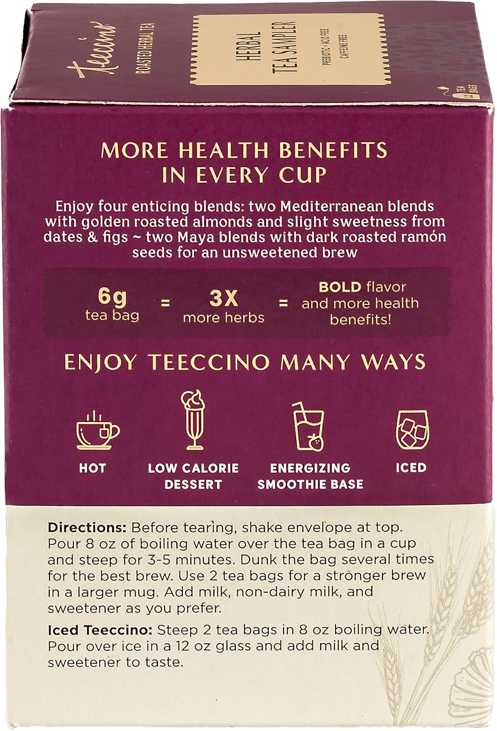 Teeccino Herbal Tea Sampler Assortment - 12 Tea Bags - Maca Chocolaté, French Roast, Hazelnut, Vanilla Nut - Roasted Caffeine Free Herbal Tea, Prebiotic for Natural Energy