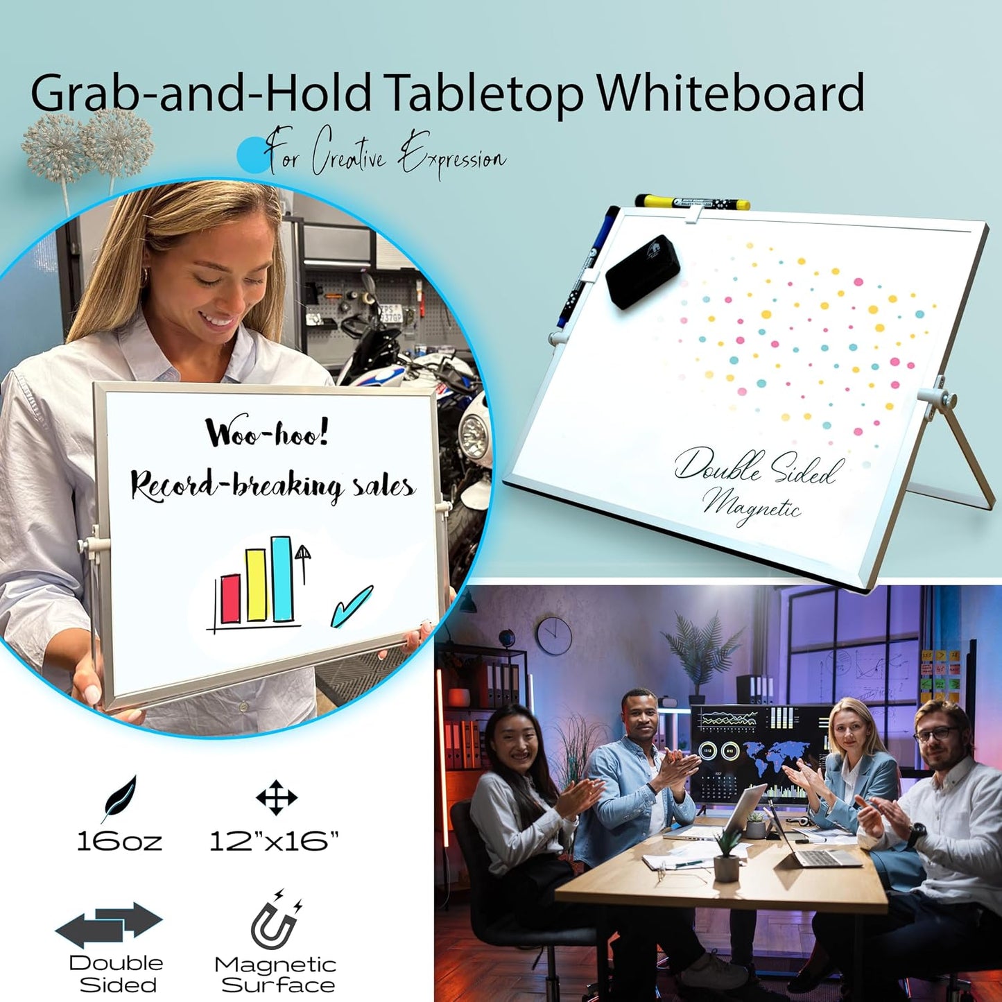 Dry Erase White Board for Desktop & Wall 12"x16" with 2 Magnetic Removable Planners - Weekly & Monthly to Do List Board with Stand, 6 Markers Eraser & Wall Hangers - Portable Double Sided Magnetic
