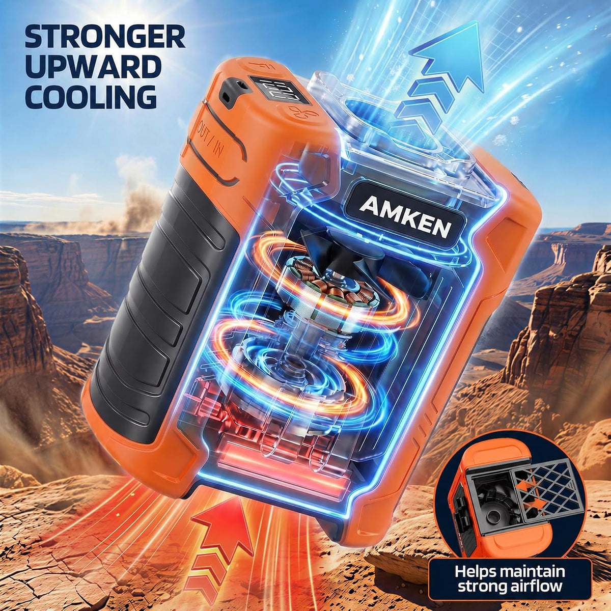 AMKEN Waist Fan, 10000mAh Rechargeable Belt Clip Fan, 59ft/s Airflow, 6-Speed 19000RPM Wearable Cooling with Bottom Air Intake, LED SOS Warning Light, Charge 2 Phones for Jobsite Camping