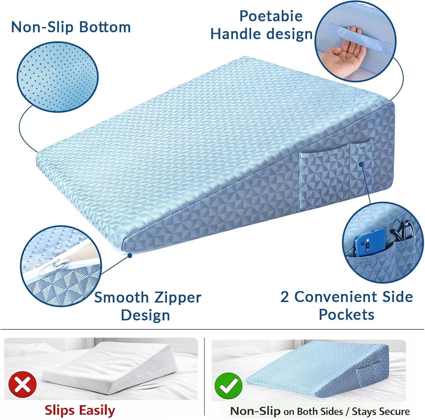 Wedge Pillow for Sleeping, 7.5" Bed Wedge After Surgery, Back Pain Relief, Memory Foam Pillow Triangle Incline Wedge for Back Support, Leg Elevation