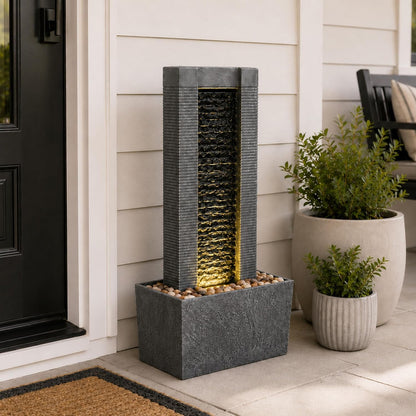 Teamson Home 38.58 in. Modern Curved Faux Slate Waterfall Fountain for Indoors or Outdoors with LED Light Accents and 1.98-Gallon Pump, Black and Stone Gray | Freestanding Floor Garden Waterfall, LED Lights, Weatherproof Polyresin, For Patio & Yard