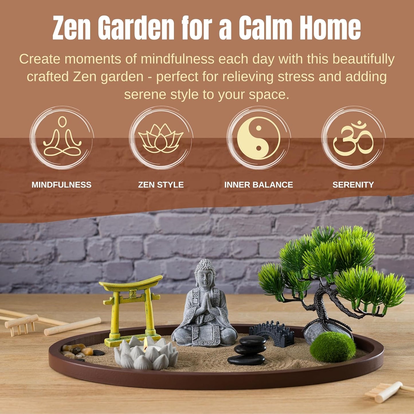 Zen Garden for Desk 13x8in – Japanese Decor with Buddha, Artificial Bonsai Tree, Tools & Accessories – Mini Zen Garden Kit for Office Desk, Home, Meditation Room, Desktop Gift Set