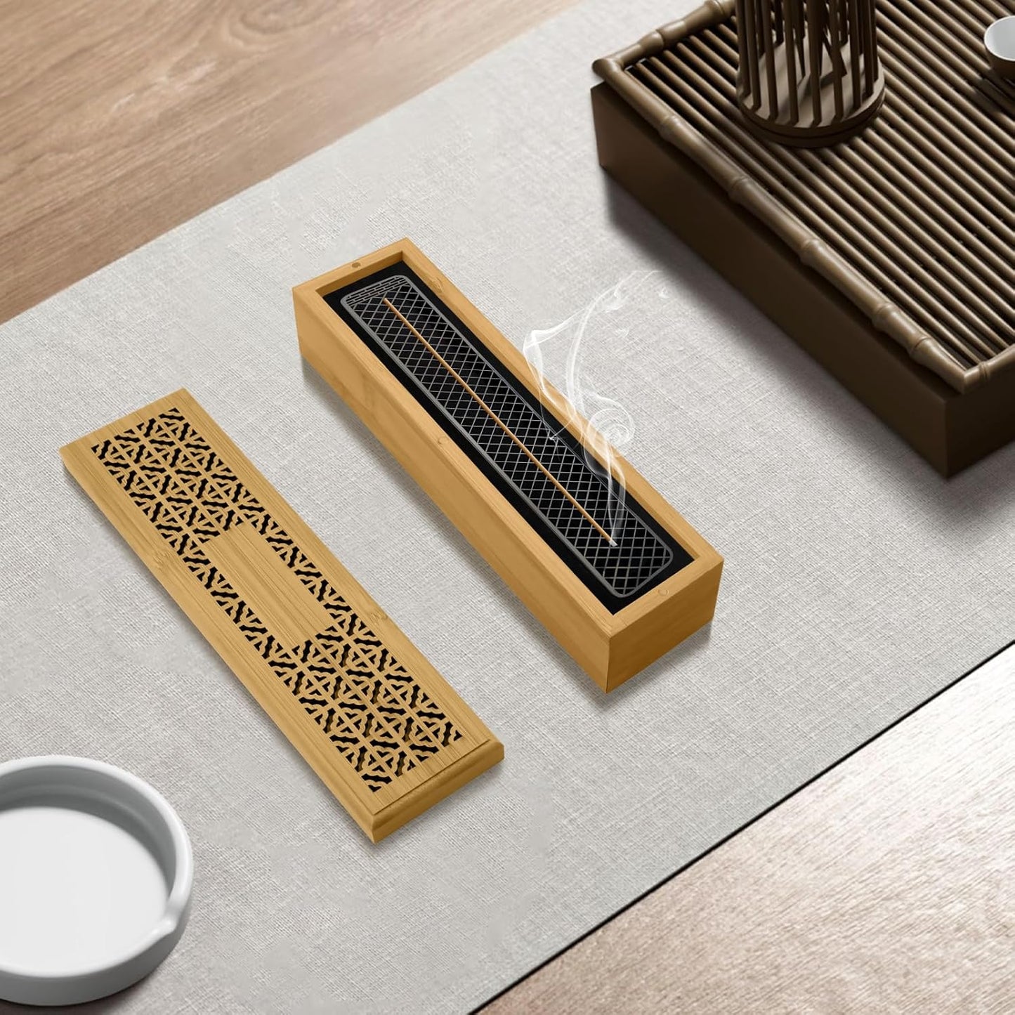 Wooden Incense Holder Burner with Storage - Incense Stick Holder & Ash Catcher for Meditation, Yoga, Bedroom, Study, Office - Exquisite Incense Burner for Home Decor
