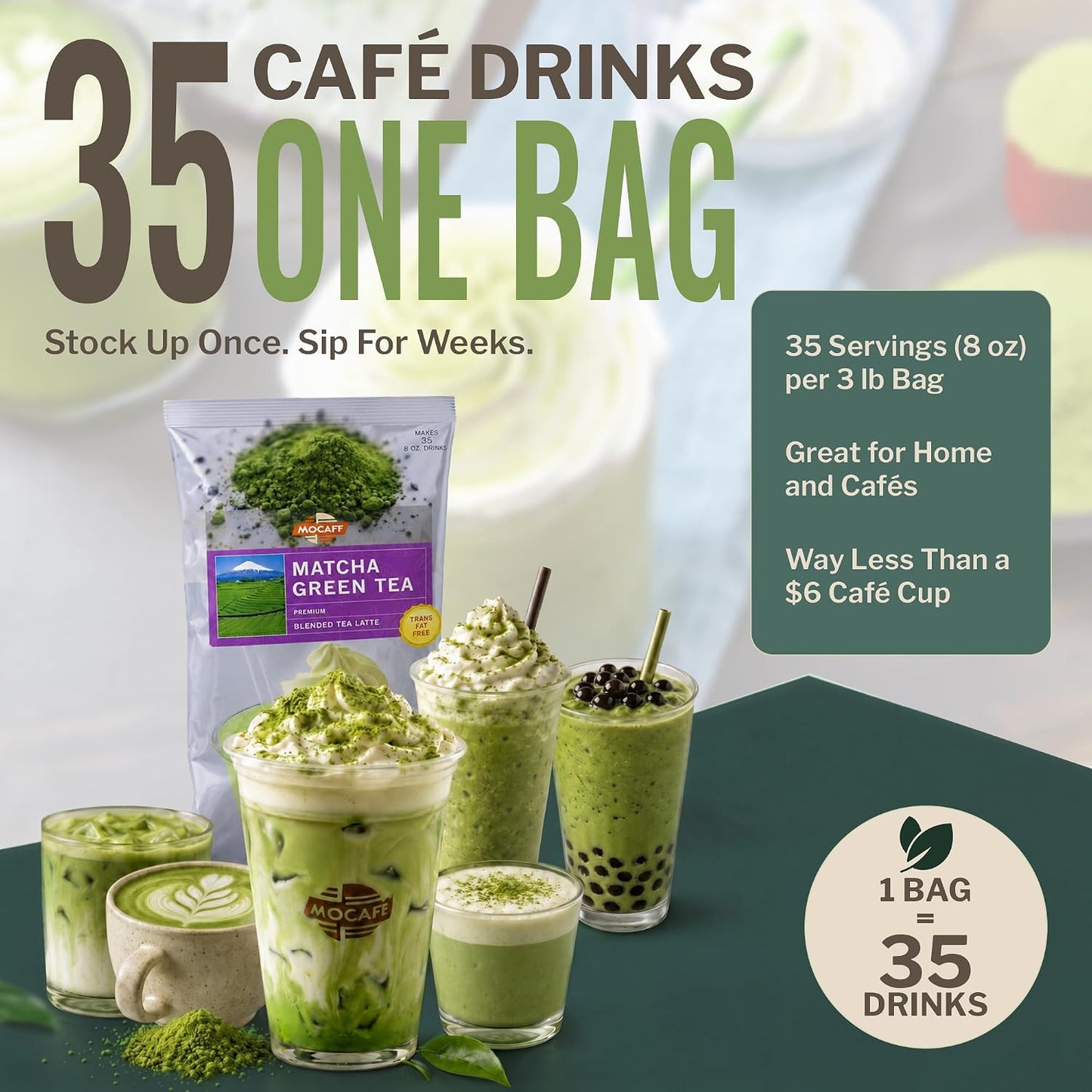 MOCAFE Matcha Green Tea Latte Powder Mix, 3lb Bulk Bag, 35 Servings | Instant Japanese Matcha Powder for Hot & Iced Lattes, Frappes, Boba & Smoothies, Coffee House Quality Sweet Blended Drink