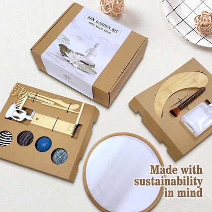 Zen Garden Kit for Desk - Premium Beautiful Japanese Mini Zen Sand Garden Box Gift Set for Home Decor, Office Desk with Large Round Bamboo Tray, White Sands, 4 Sand Spheres & Spheres Holder
