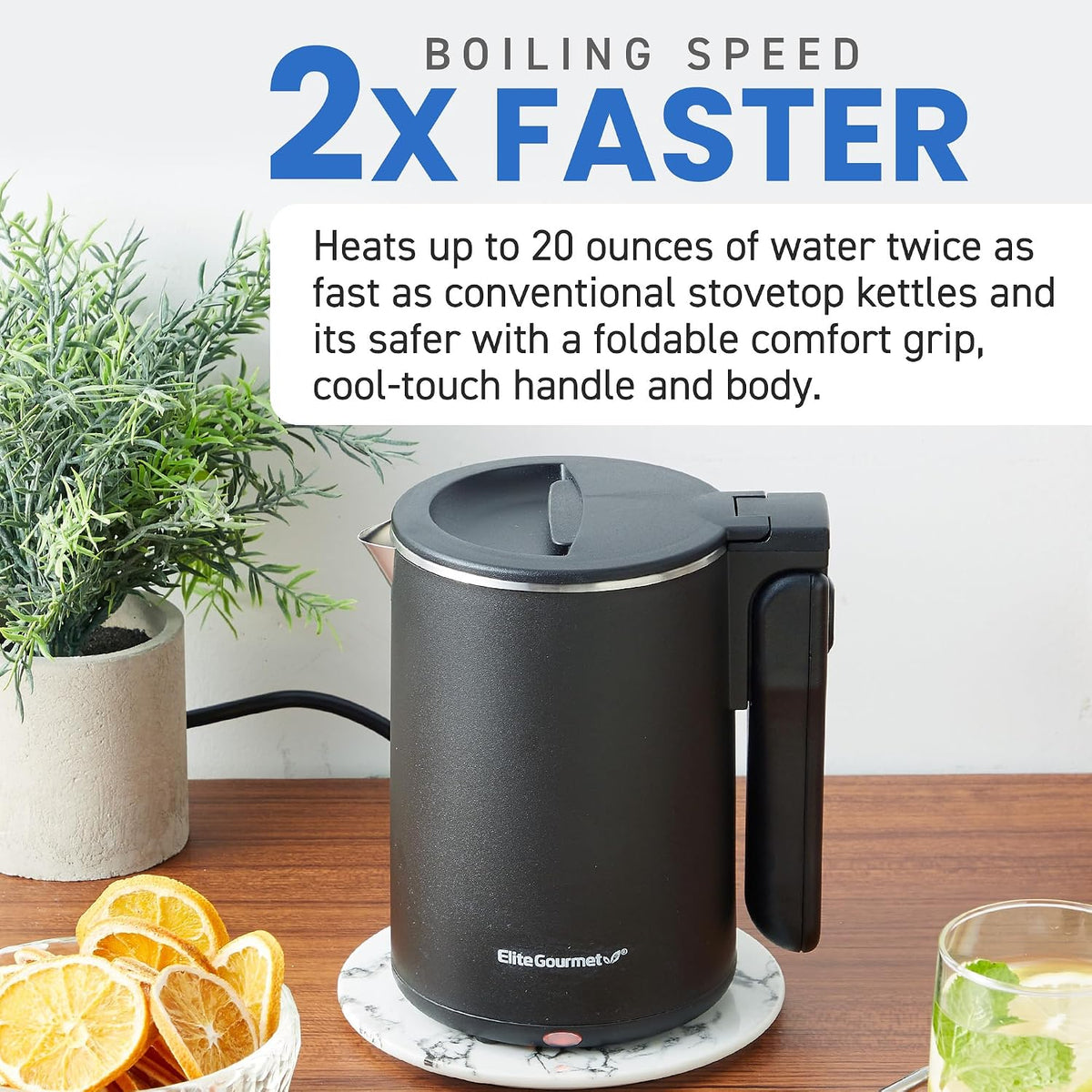 Elite Gourmet 1.7L Dual-Wall Cool-Touch Tea Kettle, Touchscreen, Black