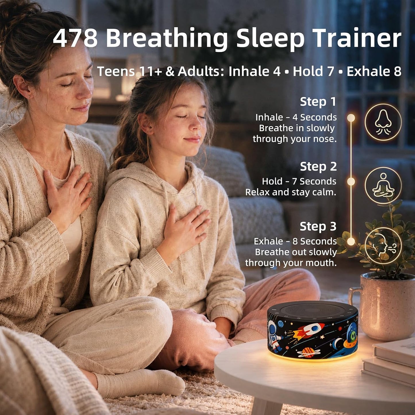Kipcush White Noise Machine for Baby & Adults, 30 Soothing Sounds, Soft Non-Glare Nursery Lamp, 8 Color Night Lights, Memory Function (Angel V1 White, Standard)