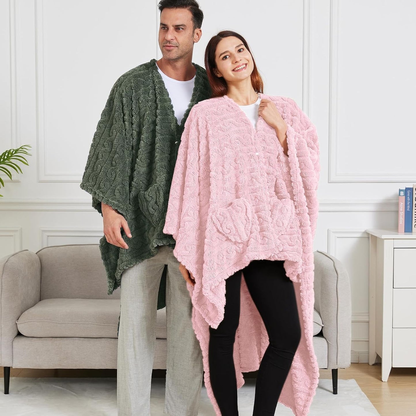 Wearable Blanket Poncho Cape Wrap for Adult, Cozy Sherpa Fleece Pocketed Shawl TV Throw Blankets for Office and Lounge(Purple,58'' x 64'')