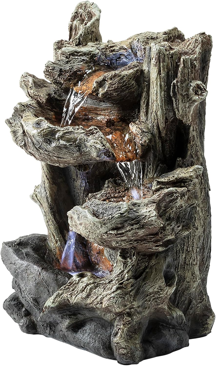 Alpine Corporation | 14"H Indoor Tiered Log Tabletop Fountain with LED Lights — Cascading Waterfall Design Creates Relaxing Ambiance for Home & Office Décor