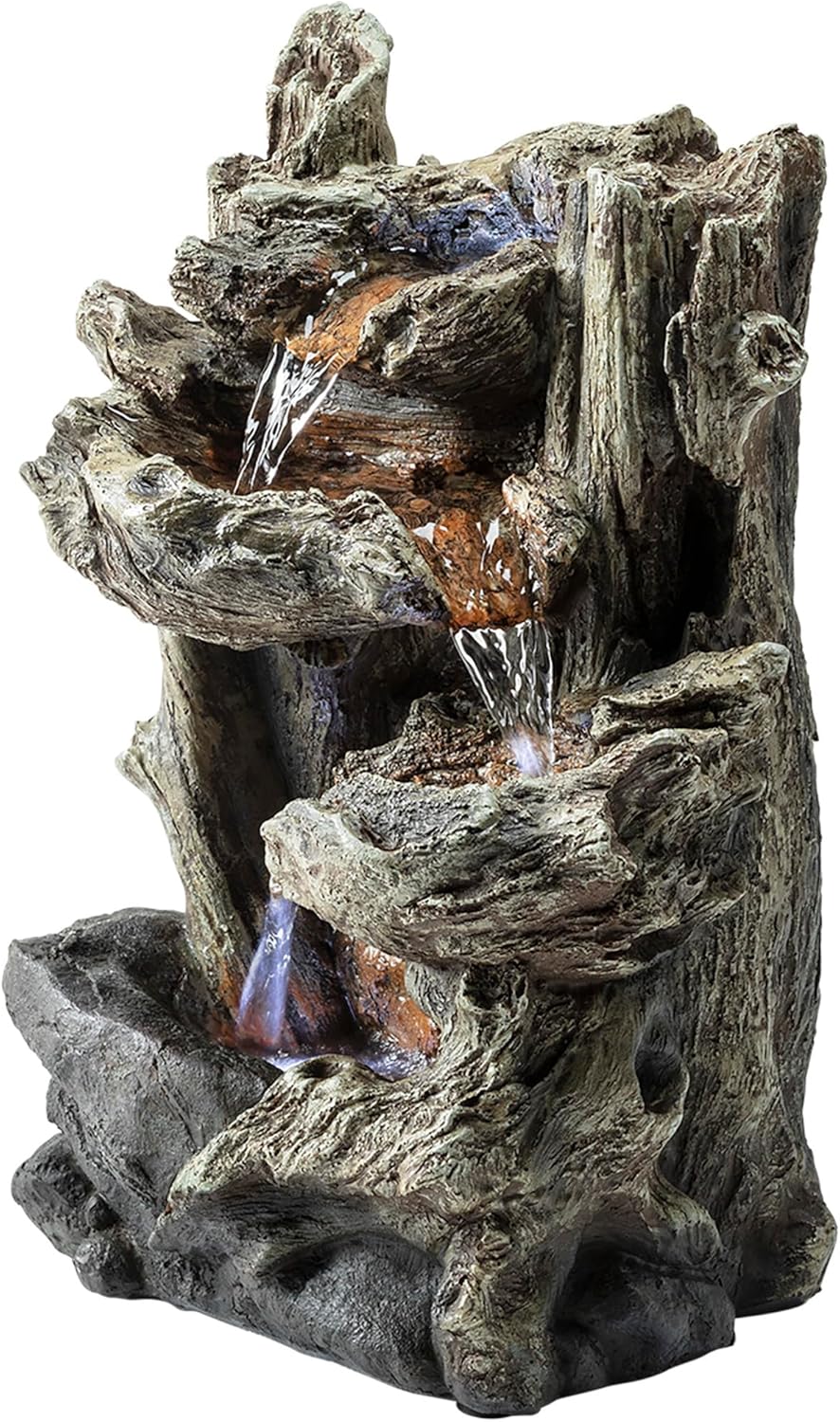 Alpine Corporation | 14"H Indoor Tiered Log Tabletop Fountain with LED Lights — Cascading Waterfall Design Creates Relaxing Ambiance for Home & Office Décor