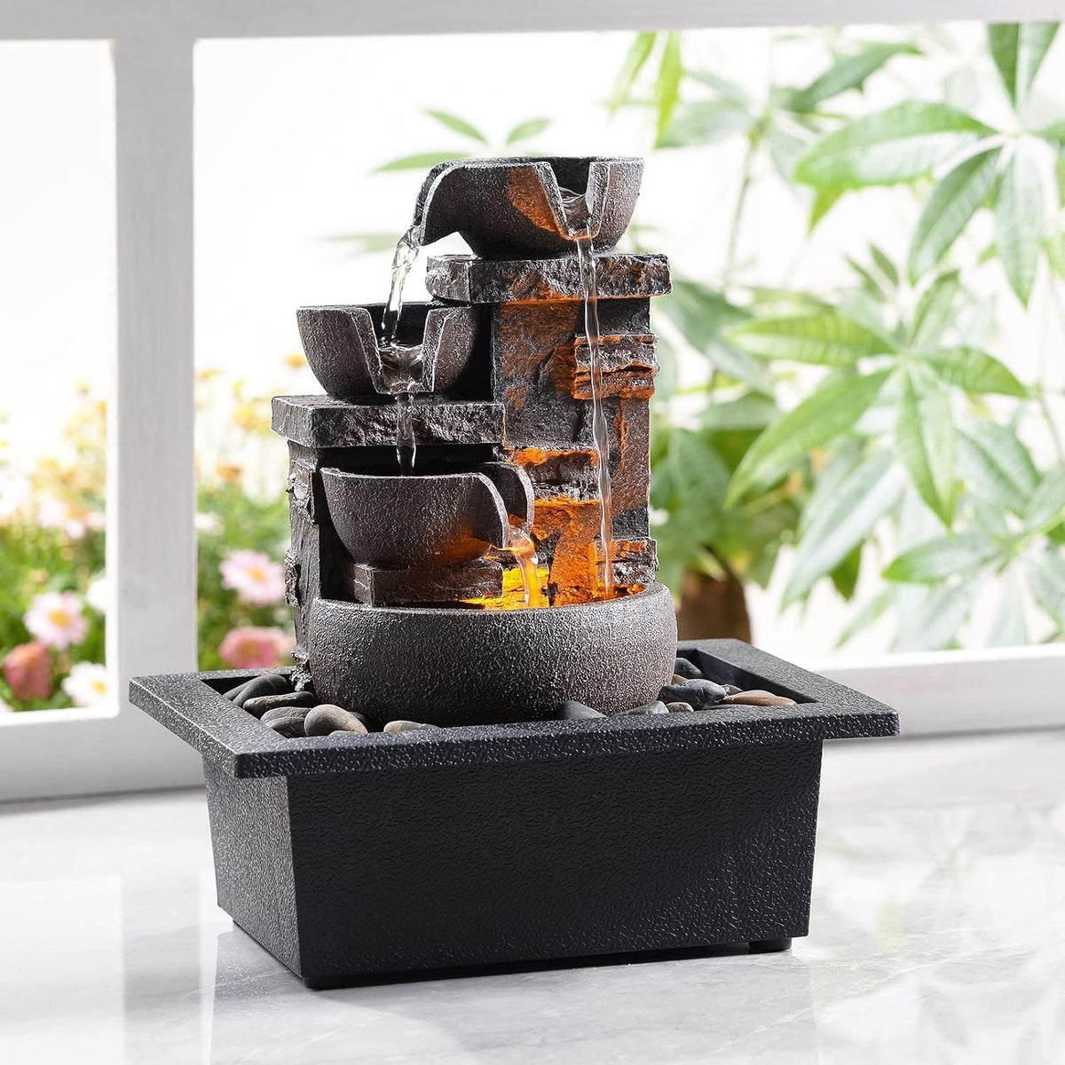 Kalona Tabletop Water Fountain, Indoor Waterfall with Resin Rock Design