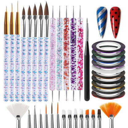 Artdone 31pcs Nail Art Brushes, Nail Art Tool Set, Dotting Tools, Dust Brush,Striping Brushes for Long Lines, Drawing Pen For Gel Polish Design supply