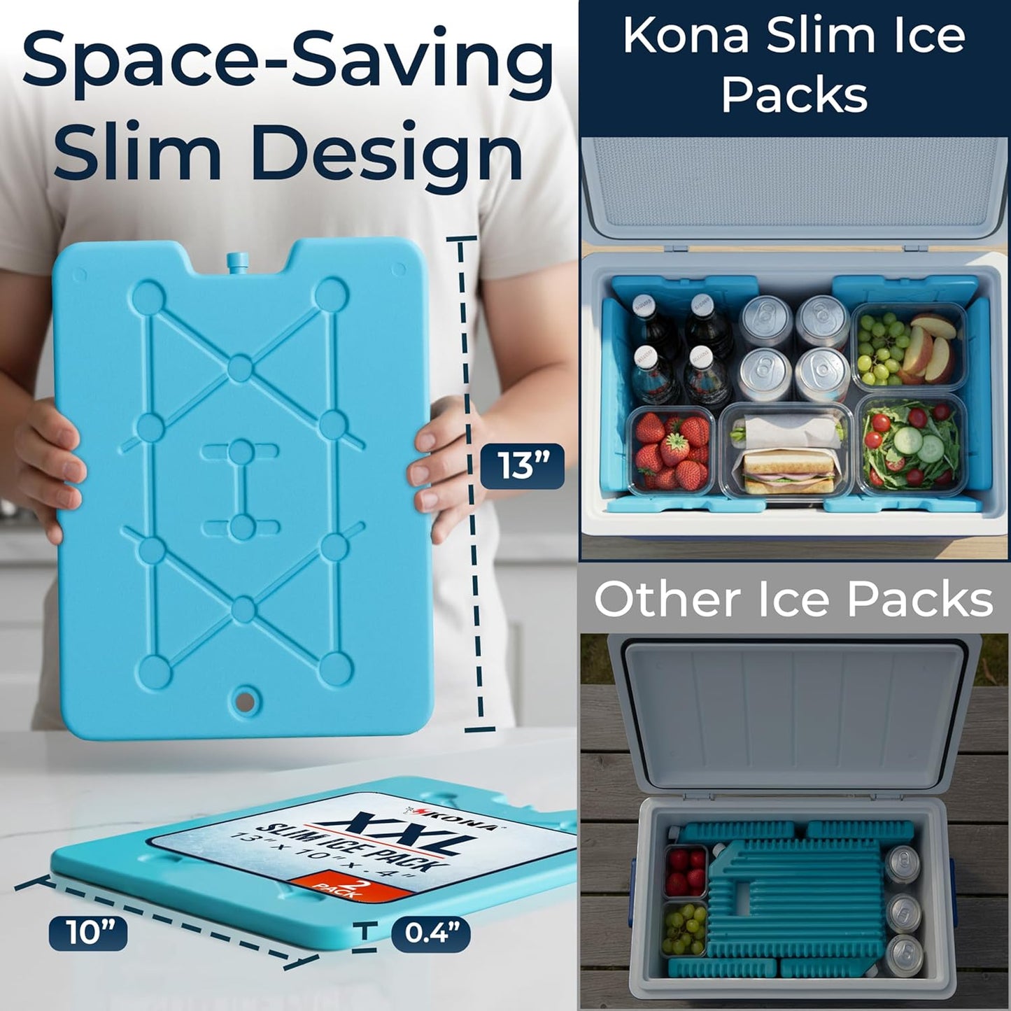 Kona XXL Ice Packs for Coolers – 2 lb Reusable Slim Freezer Packs, Long-Lasting Dry Ice Alternative for Cooler Bags, 13×10 Inch, Fast Freeze (-5 °C), Available in Multiple Pack Quantities