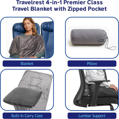 travelrest 4-in-1 Travel Blanket – Wearable Blanket, Pillow & Body Wrap, Lightweight, Compact & Cozy with Carry Case, Travel Friendly, Comfort, Ideal for Airplanes, Long Flights, Road Trips - Gray
