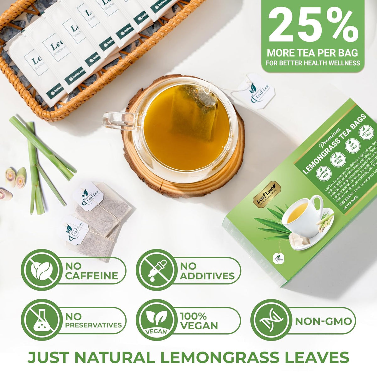 LeafLea Premium Lemongrass Herbal Tea Bags, Digestion Support, 80 Count