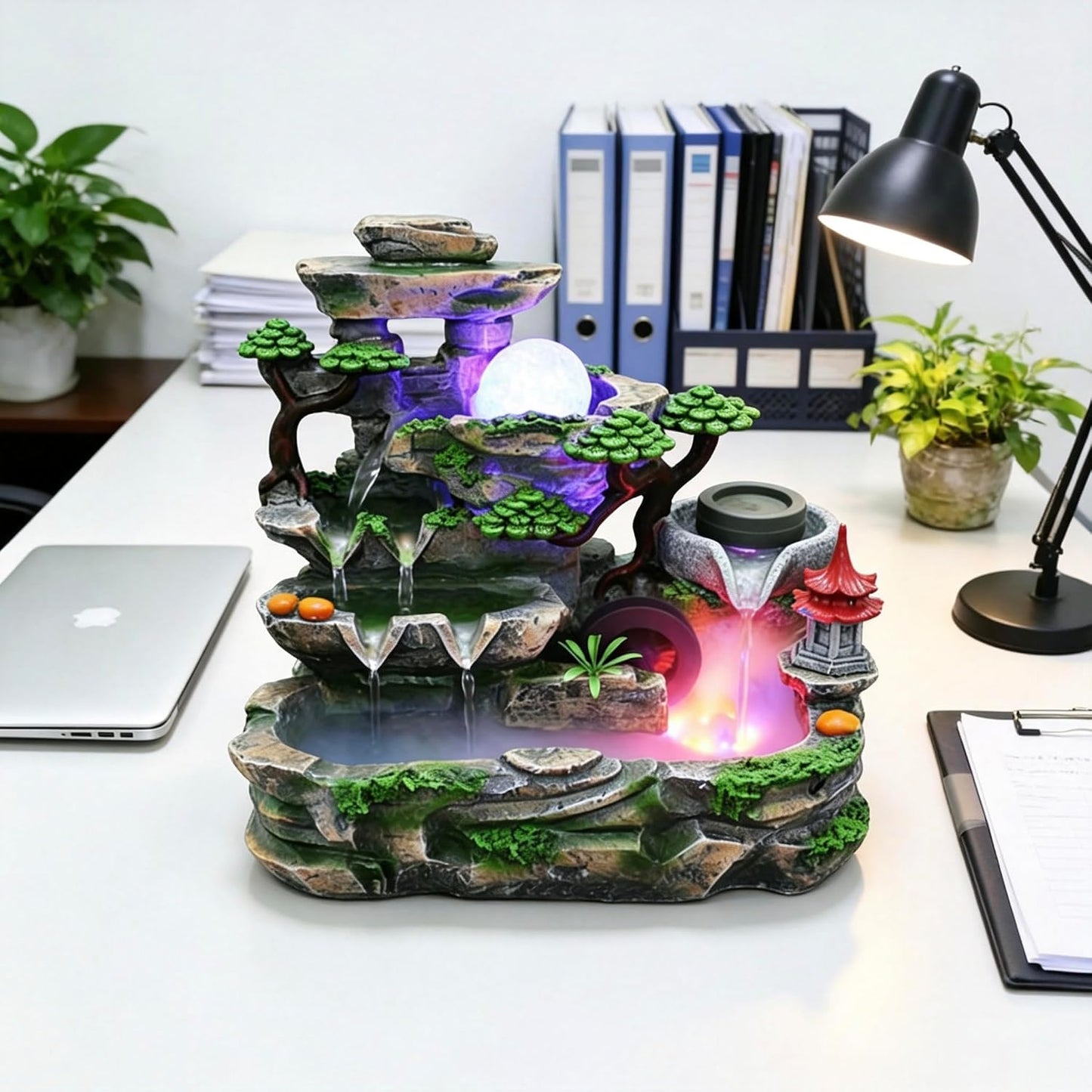 Mini Artificial Bonsai Tree Waterfall Fog Feature Rock Tabletop Fountain | 11in Desktop Decor Waterfall Fountain W/ Water Pump& Atomizer&LED Lights &Fake Tree Office Bedroom Relax
