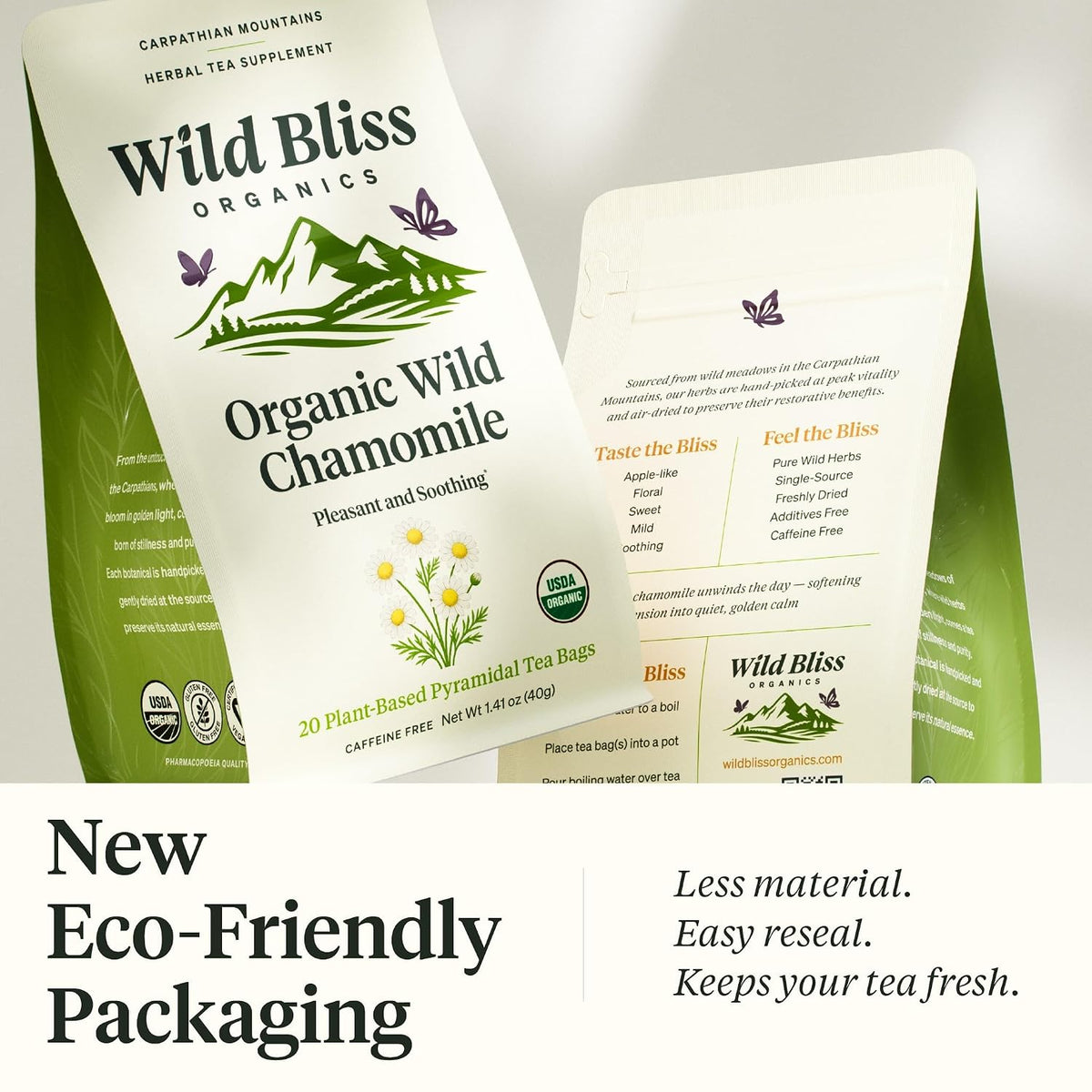 Wild Bliss Organic Chamomile Tea - Caffeine Free Calming Herbal Support - Pharmacopoeia Potency - 20 Plant Based Tea Bags