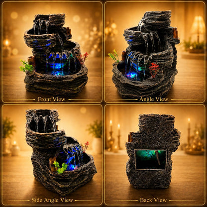 Indoor Tabletop Water Fountain with LED Light, Resin Rock-Look Waterfall Decor, Feng Shui Inspired Zen Fountain for Desk, Office, Bedroom, Living Room & Meditation Space (9" Cascading Rock)