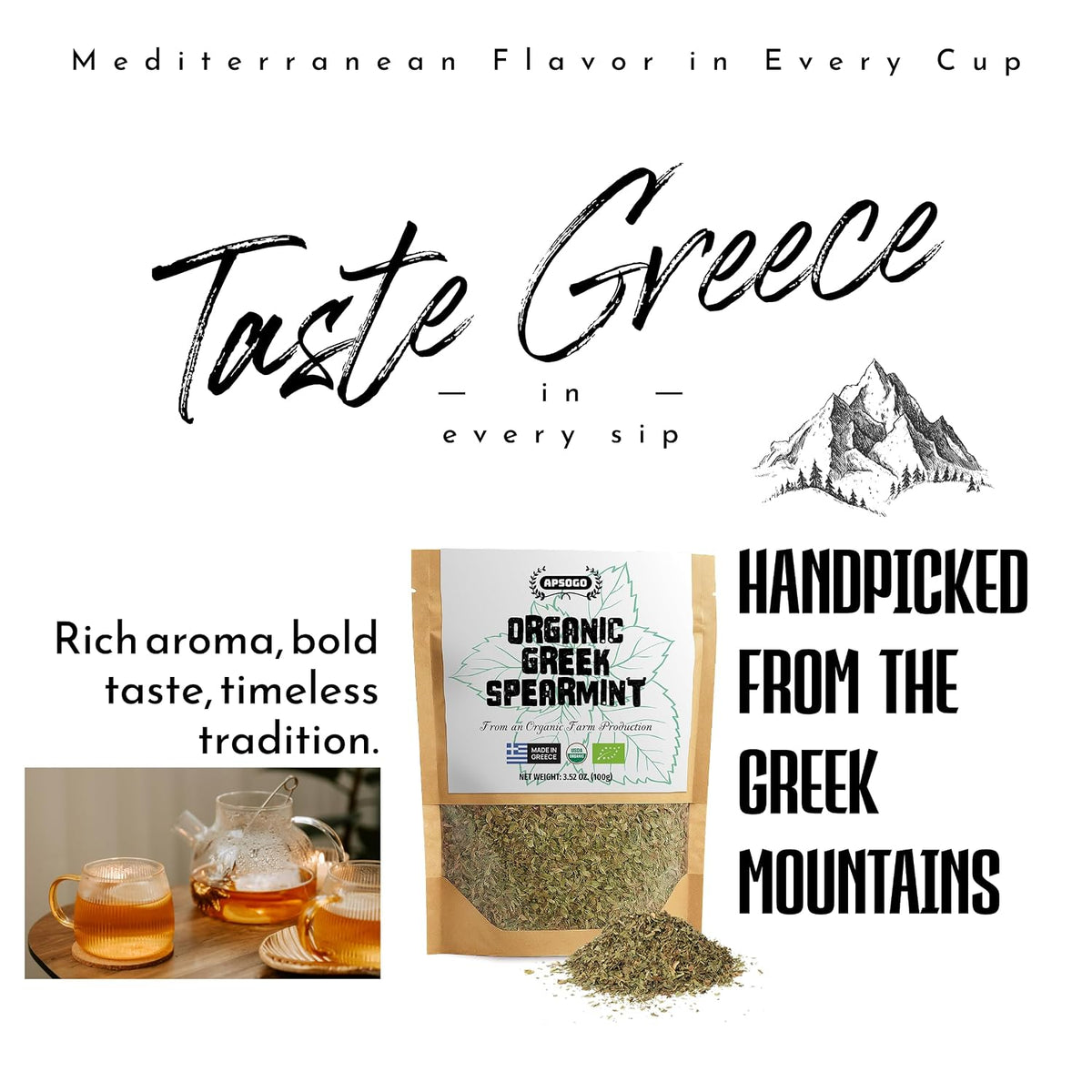 Apsogo Organic Greek Spearmint Tea - Loose Leaf Dried Mint Leaves, 1.76oz