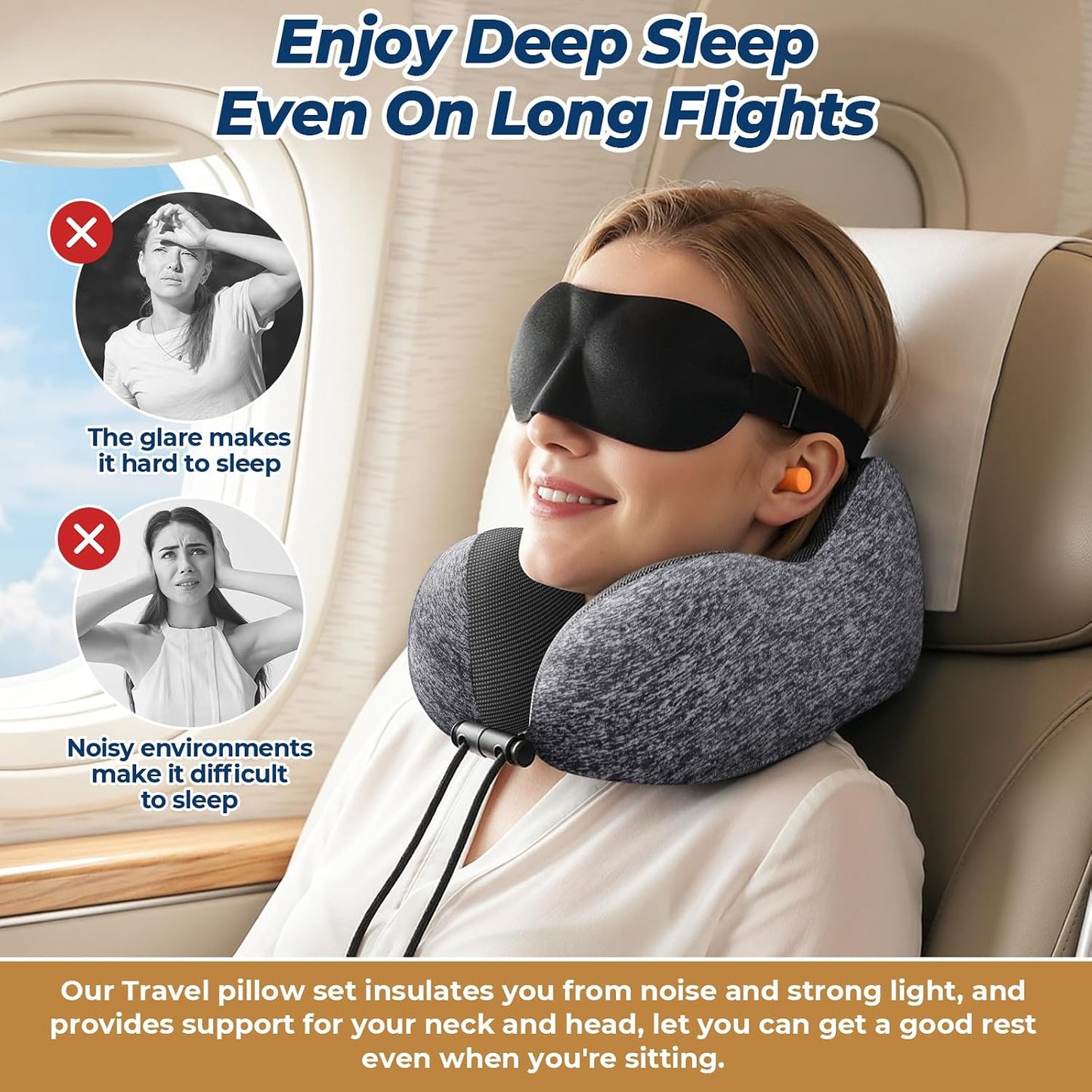 ExploreBliss Travel Pillow, Travel Pillows for Sleeping Airplane, Neck Pillow Airplane, Memory Foam Neck Pillow Set with Eye Mask, Earplugs and Storage Bag -Grey