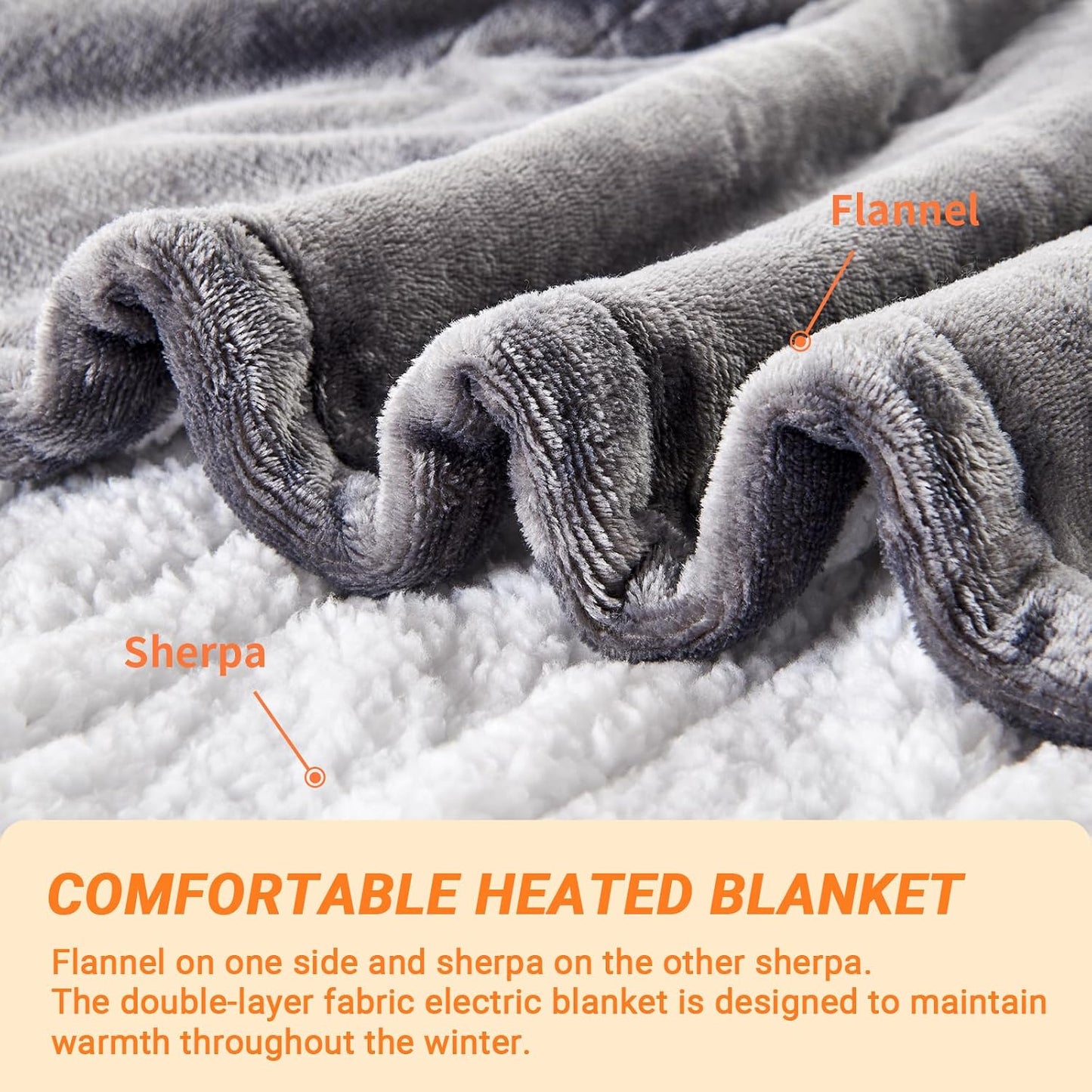 Electric Blanket Heated Throw, Soft Flannel 50"x60" Heating Blanket with 8 Hours Auto Off 10 Fast Heating Levels Machine Washable Sherpa Heated Blanket with Overheating Protection