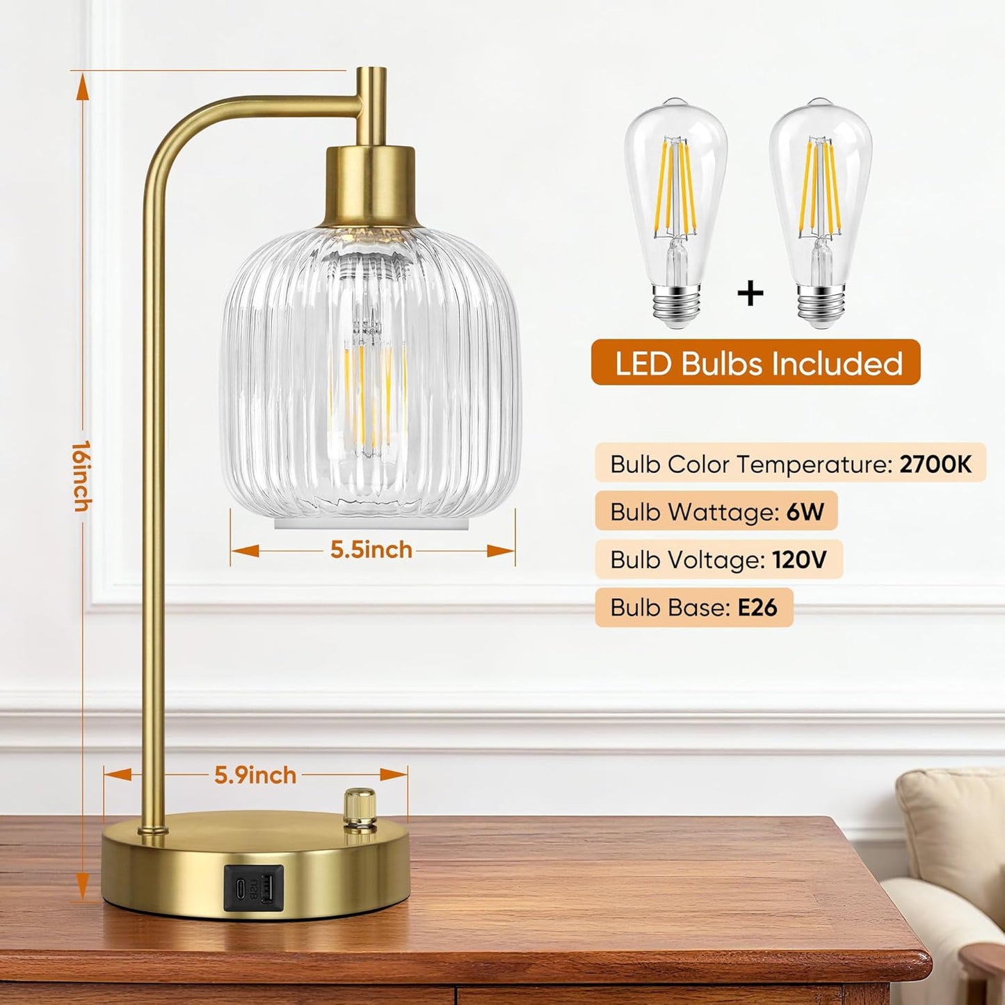 QiMH Industrial Table Lamp for Bedroom Set of 2, Green Glass Beside Lamp with USB A&C Ports, Stepless Dimmable Gold Lamps, Nightstand Lamps for Living Room, Office, Home Decor(Bulb Included)