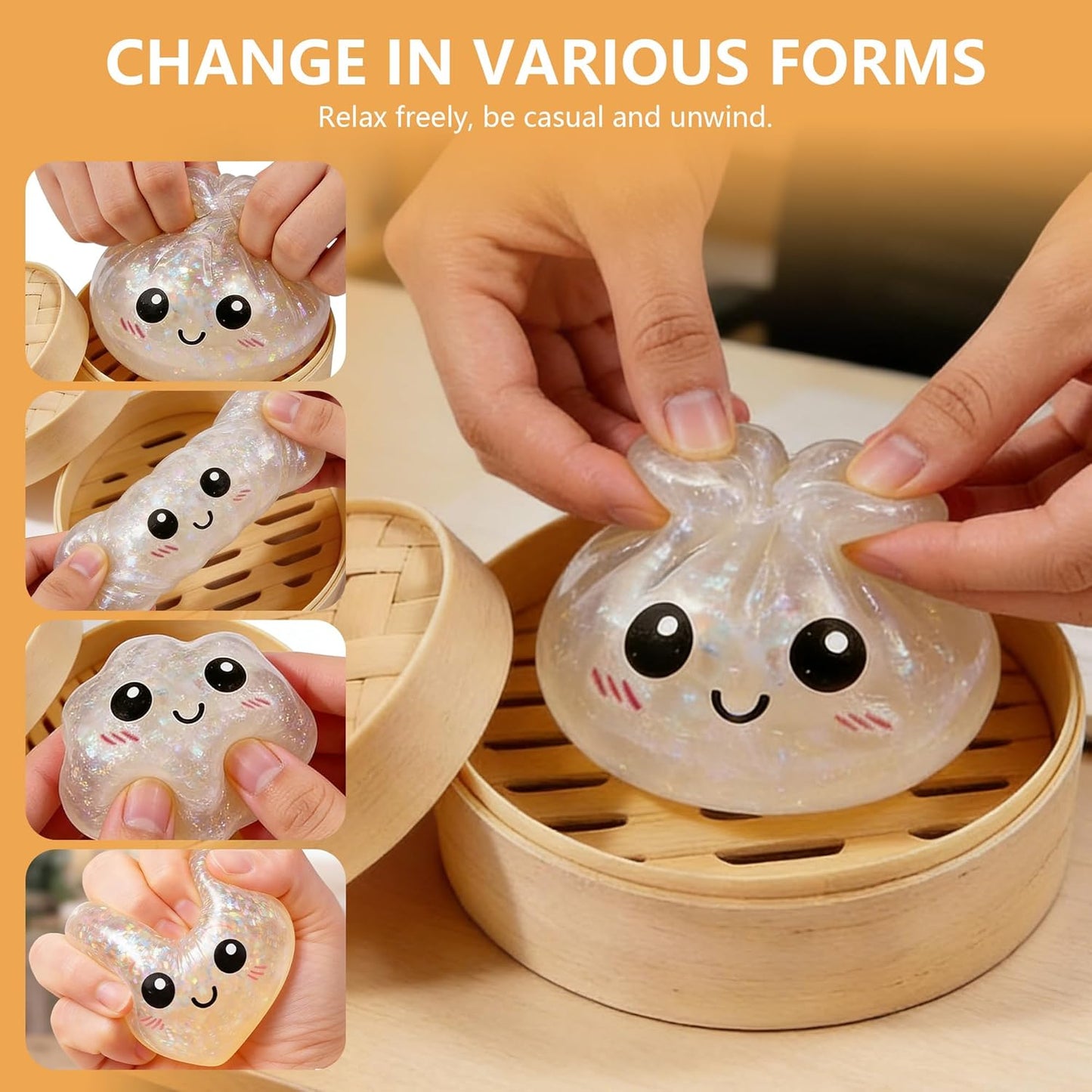 Dumpling Squishies, Giant Dumpling Mystery Box, Colorful Dumplings Stress Balls Fidget Sensory Toy, Stocking Stuffers with Food Steamer Stretchy Desk Toys (Pink)