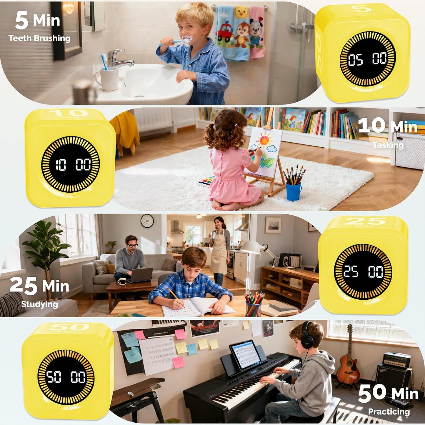 KADAMS Pomodoro Timer Visual - Productivity Pomodoro Cube, 5/10/25/50 Min Countdown & Countup, Silent – Ideal for Work Study Cook Workout Kitchen School Classroom Office ADHD Gift Kids (1, Black)