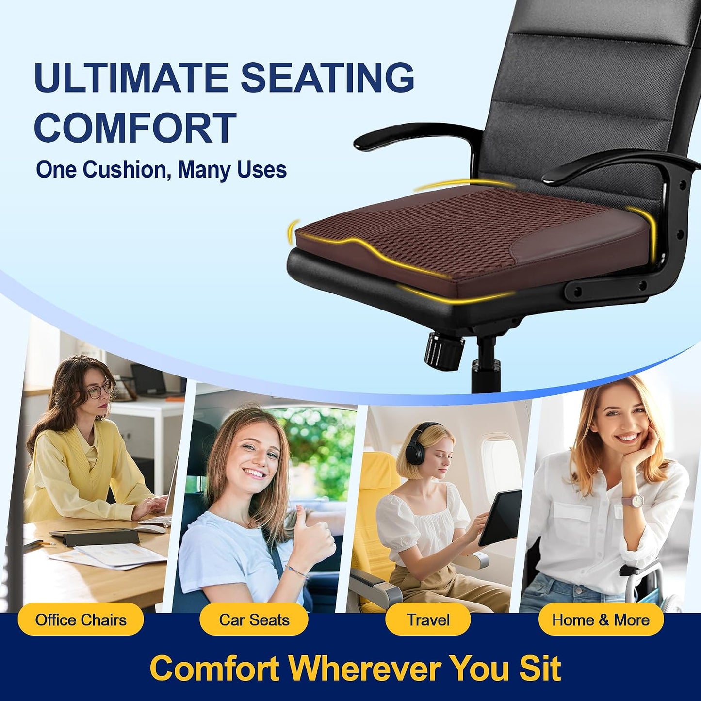 kingphenix Premium Car Seat Cushion, Memory Foam Driver Seat Cushion to Improve Driving View- Coccyx & Lower Back Pain Relief - Seat Cushion for Car, Truck, Office Chair (Leather Black)