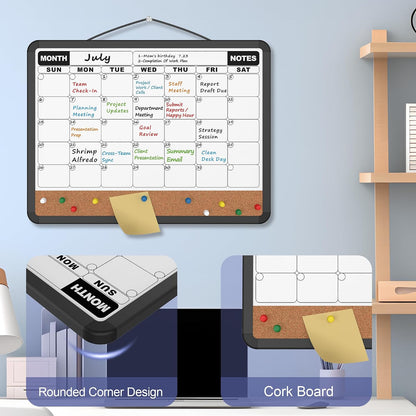 Monthly Calendar Dry Erase Board 16x12 Inch, Double-Sided Whiteboard and Corkboard Combo, Wall Mounted Planner Organizer with Markers, Magnets, Push Pins, Eraser, for Home Office School