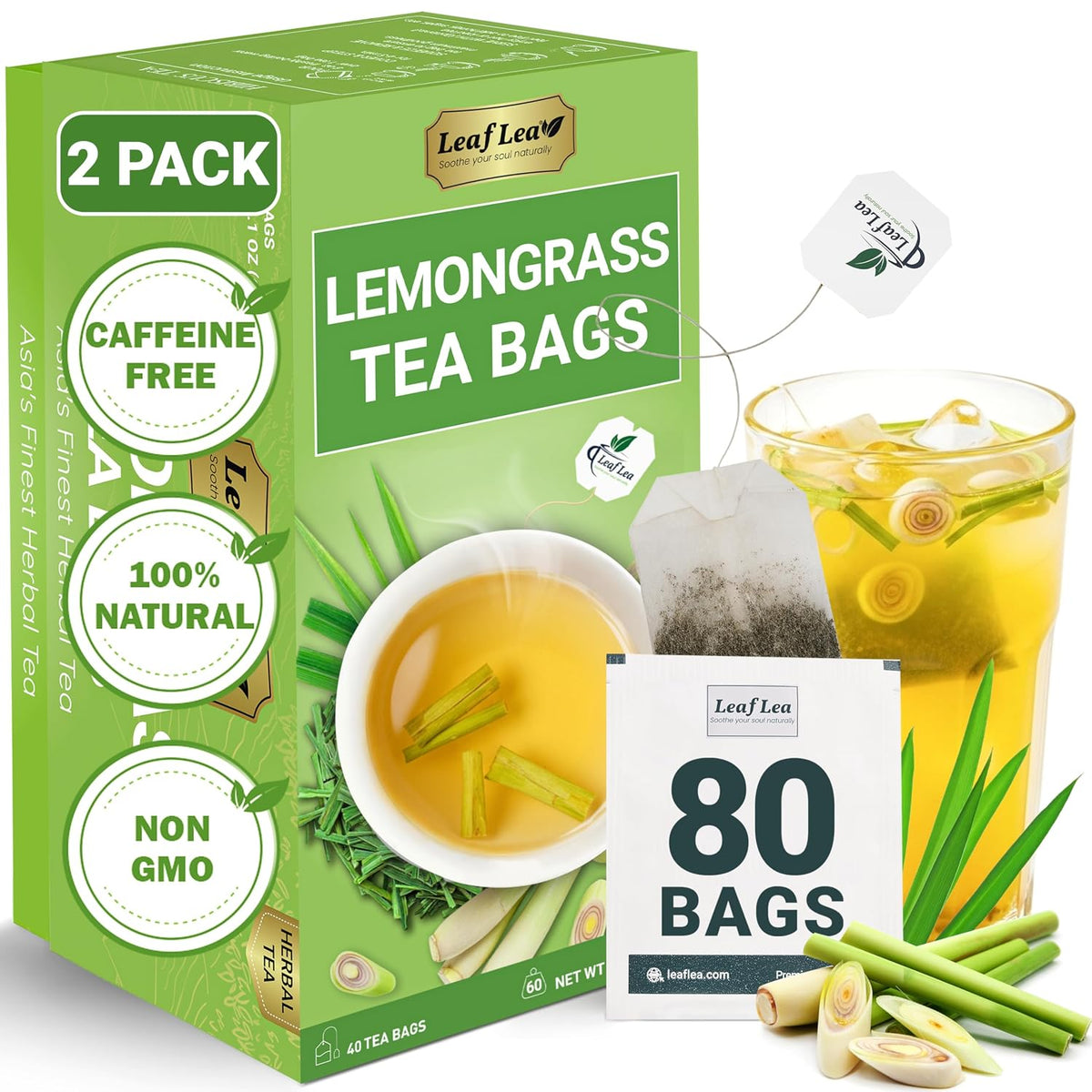LeafLea Premium Lemongrass Herbal Tea Bags, Digestion Support, 80 Count