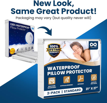100% Stain Resistant & Waterproof Standard Size Pillow Protectors with Zipper Set of 2 - Bed Bug & Dust Mite Proof White Pillowcases - Breathable, Comfortable Covers for Pillows, 21 x 27 Inches