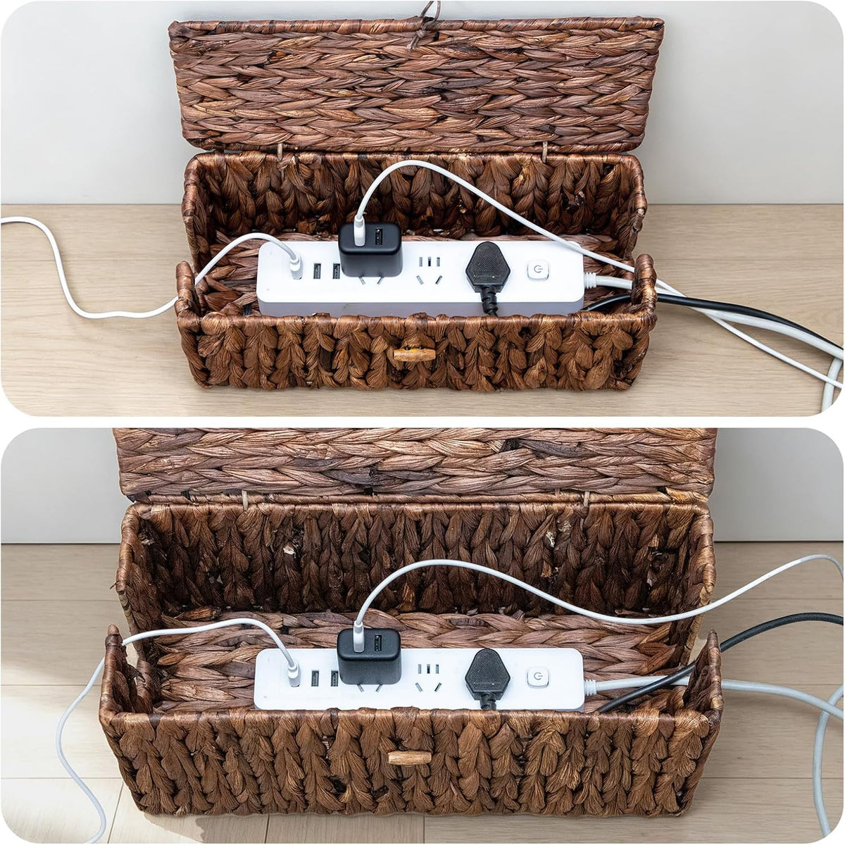 Posprica Cable Management Box with Lid, 2Pack Handwoven Real Water Hyacinth Cord Hider Organizer Boxes, 2 Side Open Slots Storage Box to Hide Cords Power Strip for Desk, Floor, Office