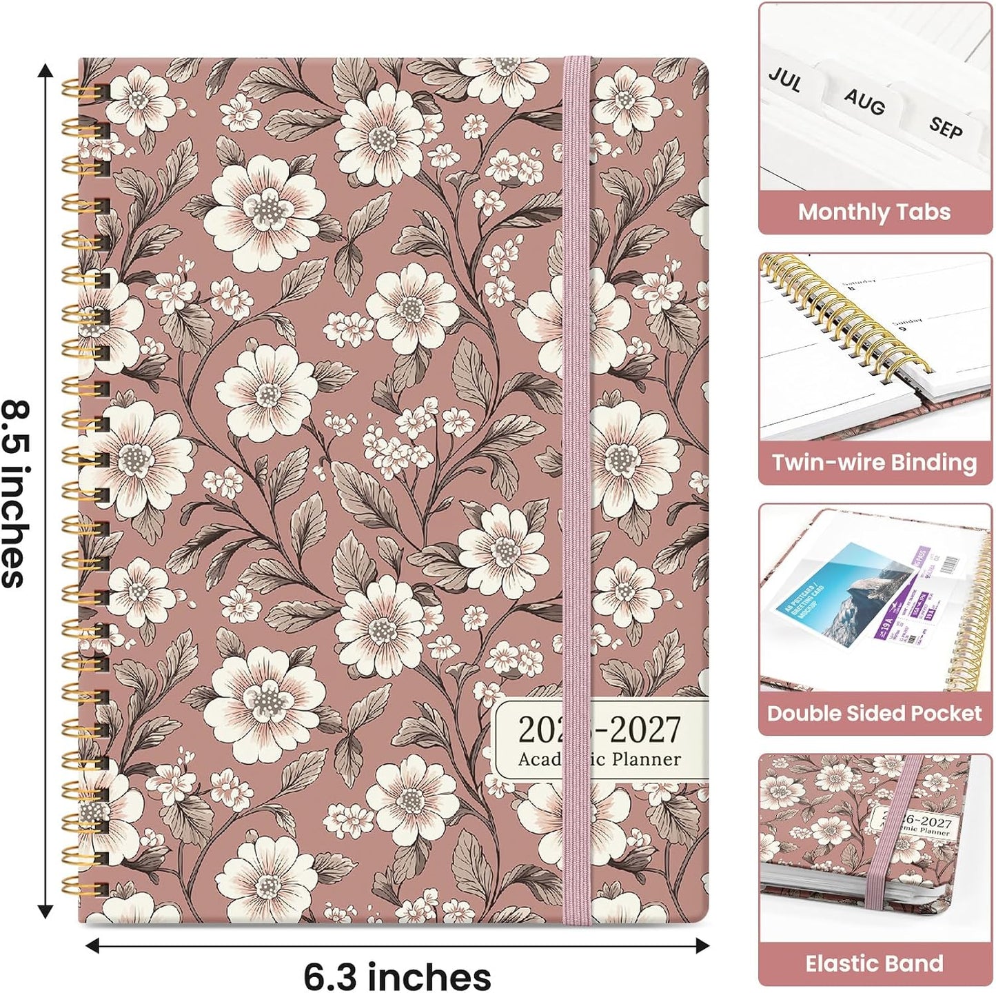 Planner 2026-2027, Academic Monthly and Weekly Calendar Planner for Women, July 2026 - June 2027, Hardcover Pretty Agenda Planner Book with Tabs, Spiral Daily Organizer for School Office Home Supplies, 6.3" x 8.5" - Blue Floral