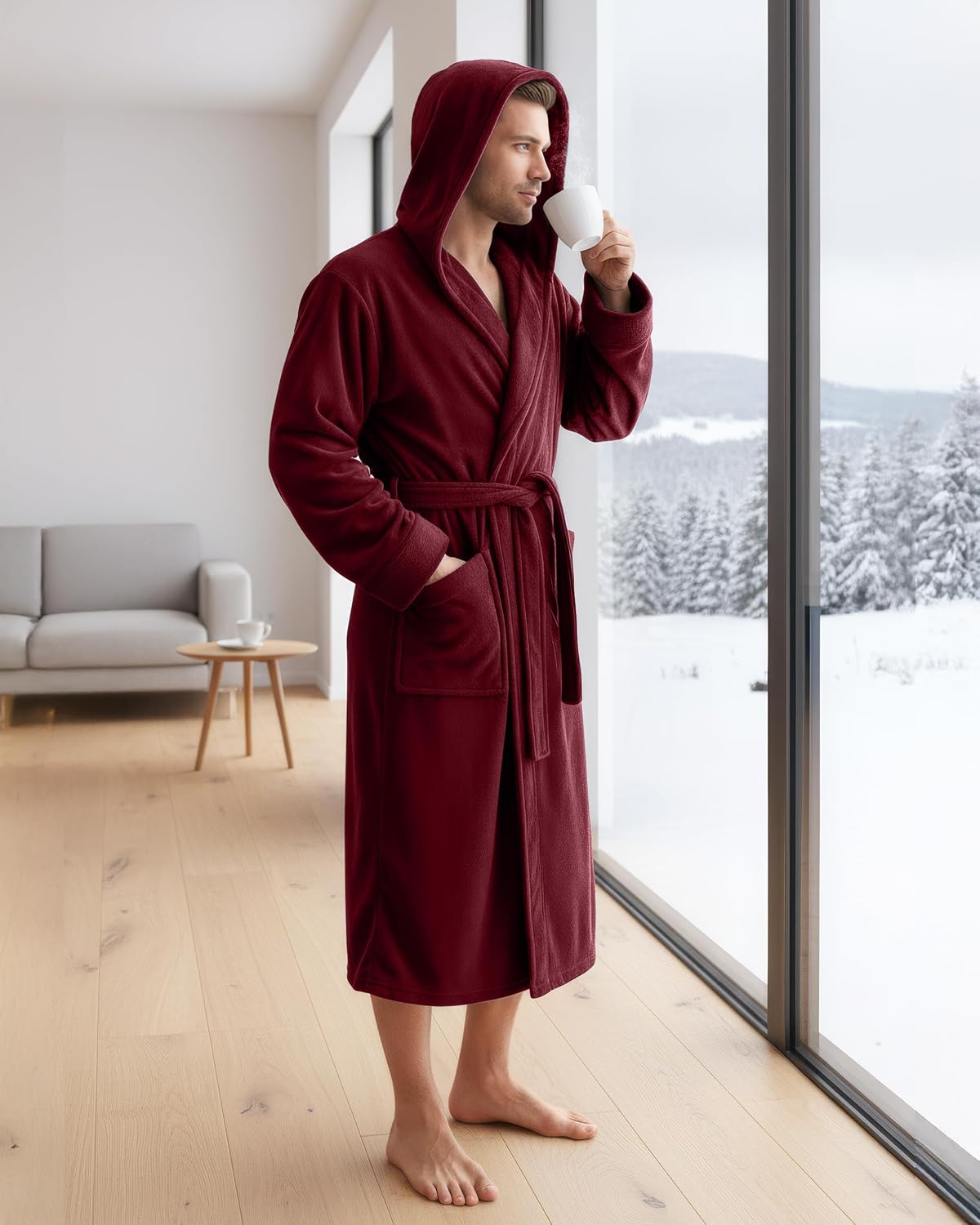 NY Threads Mens Robe with Hood, Luxury Plush Fleece Hooded Mens Bathrobe, Spa Bath Robe for Men